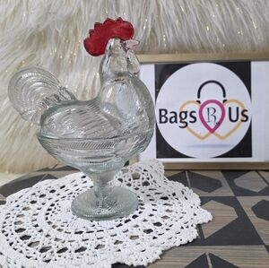 VINTAGE? GLASS CRYSTAL ROOSTER CANDY DISH HEN ON NEST 9 X 6.5 EXCELLENT CONDT.